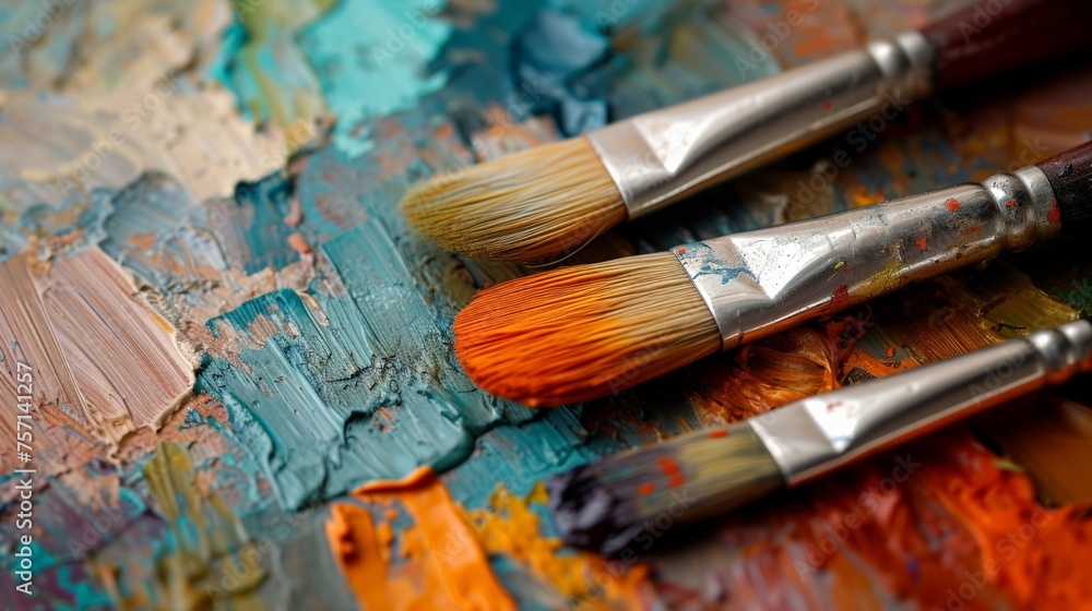 Fototapeta premium Closeup of paint brushes on textured oil painting background, showcasing intricate brushstrokes and artistic detail