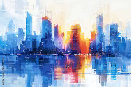 Artistic city skyline, an abstract painting reflecting the vibrancy and dynamism of urban life
