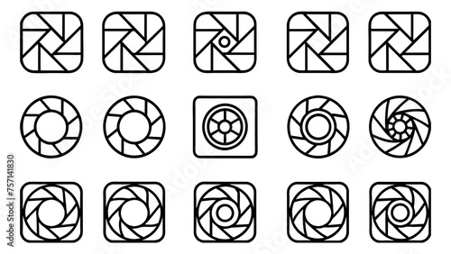 Camera shutter icons set. Camera lens diaphragm. Lens aperture, photo shutter, photo lens, shutter lens, camera shutter and camera lens icon collection. Vector illustration