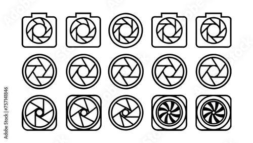 Camera shutter icons set. Camera lens diaphragm. Lens aperture, photo shutter, photo lens, shutter lens, camera shutter and camera lens icon collection. Vector illustration