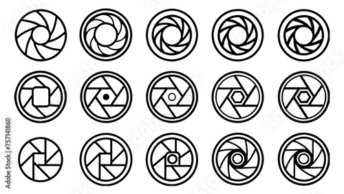 Camera shutter icons set. Camera lens diaphragm. Lens aperture, photo shutter, photo lens, shutter lens, camera shutter and camera lens icon collection. Vector illustration