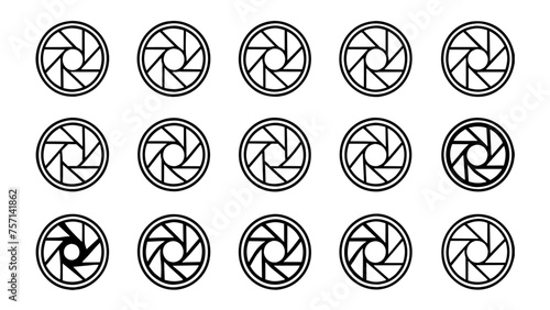 Camera shutter icons set. Camera lens diaphragm. Lens aperture, photo shutter, photo lens, shutter lens, camera shutter and camera lens icon collection. Vector illustration