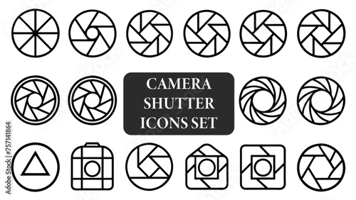 Camera shutter icons set. Camera lens diaphragm. Lens aperture, photo shutter, photo lens, shutter lens, camera shutter and camera lens icon collection. Vector illustration