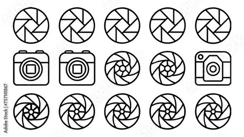 Camera shutter icons set. Camera lens diaphragm. Lens aperture, photo shutter, photo lens, shutter lens, camera shutter and camera lens icon collection. Vector illustration