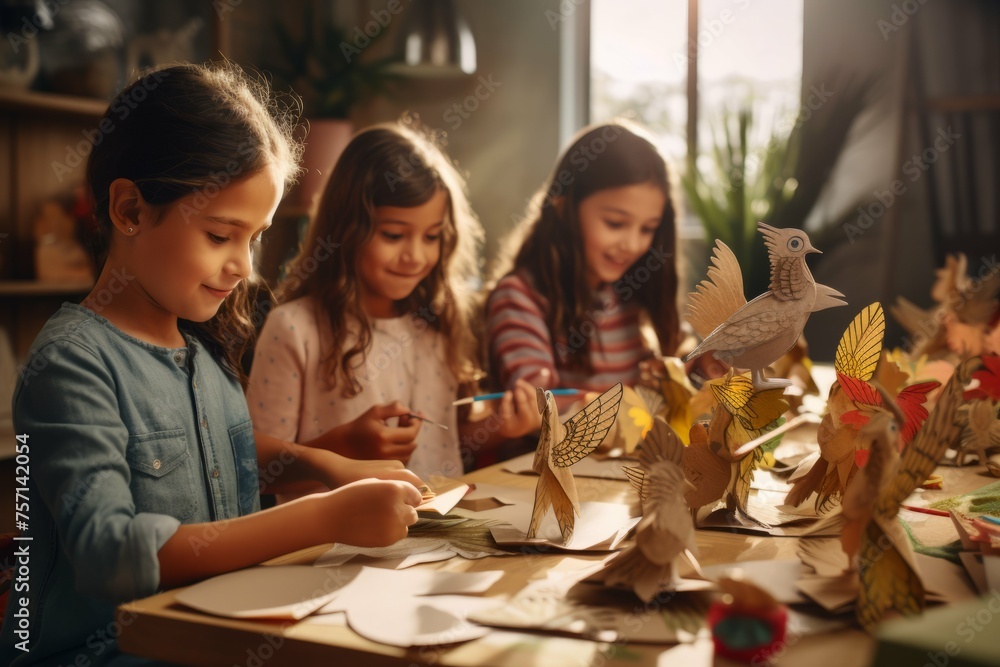 Children creating handmade Thanksgiving crafts Children creating handmade Thanksgiving crafts