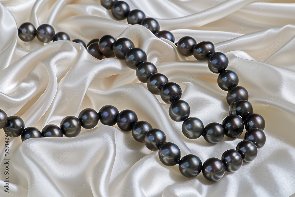 illustration of black pearls necklace on white satin background. Created with Generative AI illustration of black pearls necklace on white satin background. Created with Generative AI
