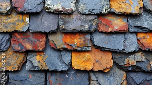 a close up of a roof that has been painted orange and blue and has rust stains on the top of it.