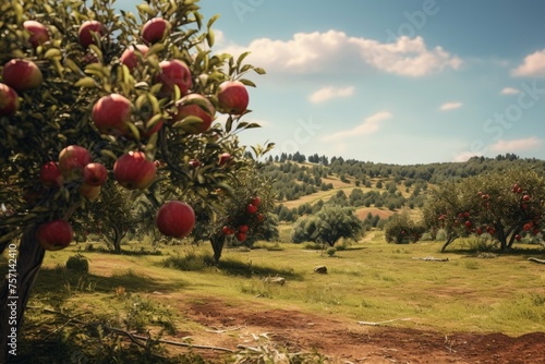 An apple orchard with ripe, red apples photo