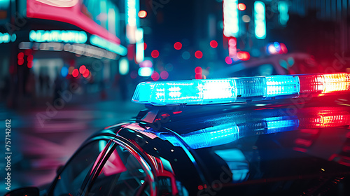 A close-up shot of the flashing blue and red lights atop a police car, with the bustling cityscape blurred in the background. © Simo