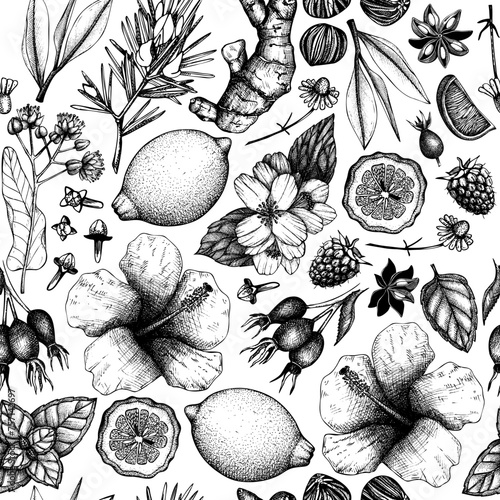 Tea seamless pattern. Herbal tea background. Medicinal herbs sketches. Hand-drawn vector illustration. NOT AI generated