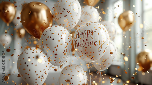Elegant Golden Birthday Balloons and Confetti Celebration Scene, Happy Birthday Typography Balloons