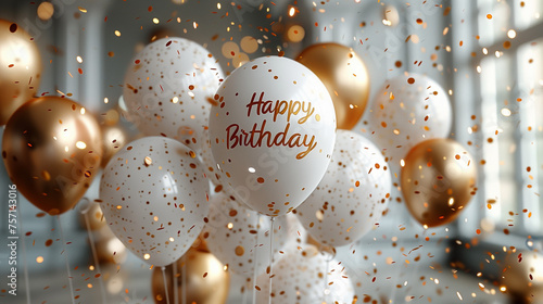 Elegant Golden Birthday Balloons and Confetti Celebration Scene, Happy Birthday Typography Balloons