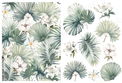 Tropical leaves and flowers watercolor seamless pattern green floral background