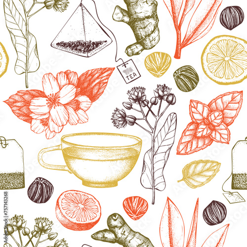 Tea seamless pattern. Herbal tea ingredient background. Herb, spice, fruit, berry sketches. Hand-drawn vector illustration. NOT AI generated
