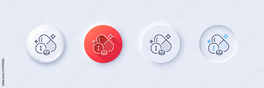 Iodine mineral line icon. Neumorphic, Red gradient, 3d pin buttons. Chemical element I sign. Capsule or pill symbol. Line icons. Neumorphic buttons with outline signs. Vector Iodine mineral line icon. Neumorphic, Red gradient, 3d pin buttons. Chemical element I sign. Capsule or pill symbol. Line icons. Neumorphic buttons with outline signs. Vector
