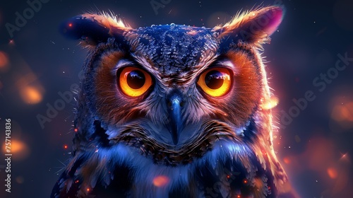 a close up of an owl's face with bright orange eyes and a blurry background with boke of lights. © Nadia