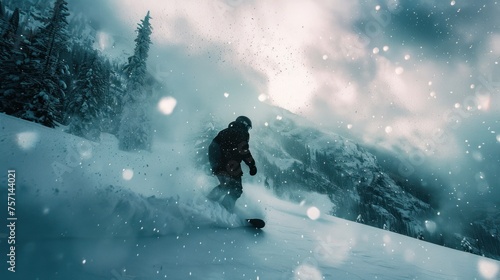 Snowboarder going down ski slope on snow background, man in mask rides snowboard spraying powder in winter. Concept of sport, extreme, speed, downhill, piste, splash