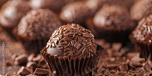 Close-up of decadent chocolate brigadiers covered with sprinkles on a rustic wooden background Delicious chocolate cupcake. photo