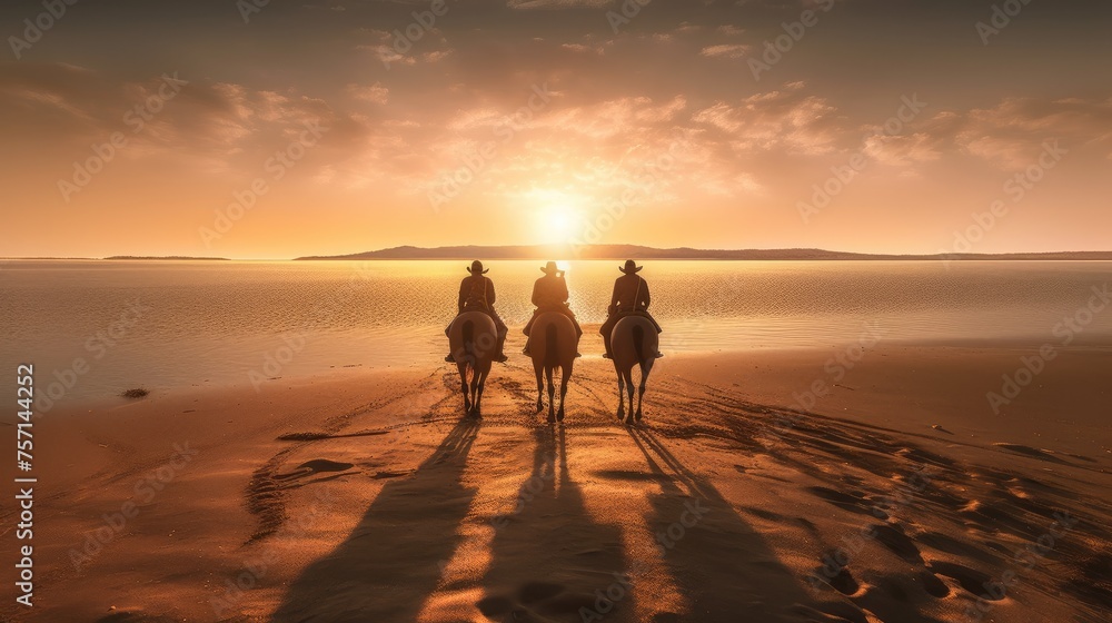 Silhouette of two women on horseback riding on the beach at sunset