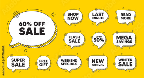 Offer speech bubble icons. Sale 60 percent off discount. Promotion price offer sign. Retail badge symbol. Sale chat offer. Speech bubble discount banner. Text box balloon. Vector