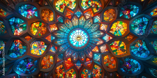 A colourful stained glass window with a flower in the center