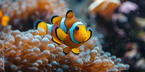 Clownfish swim gracefully in the underwater world among bright sea anemones. © Iryna