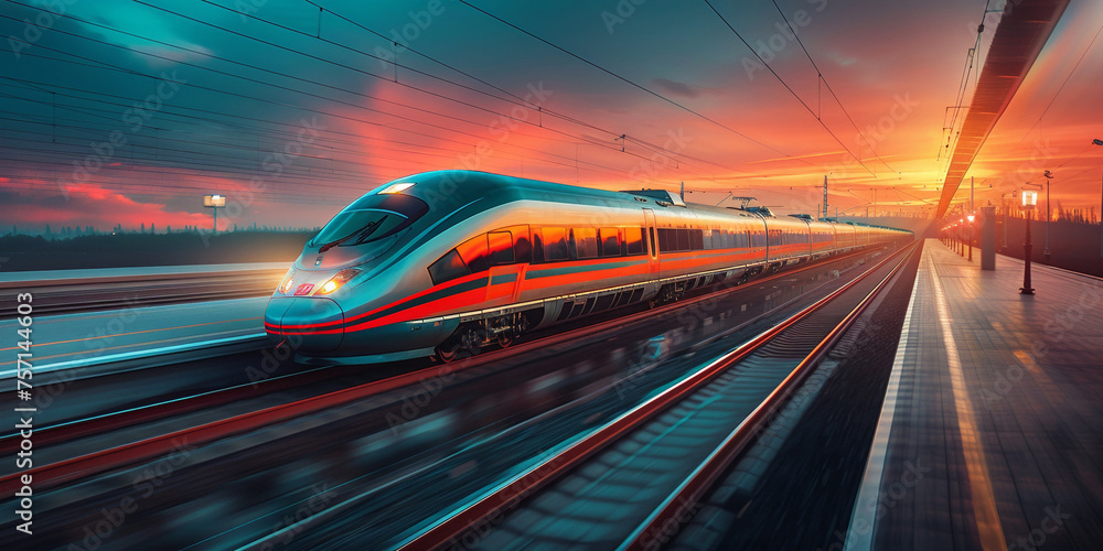 A high-speed train speeds along the railway, representing modern transport and efficiency.