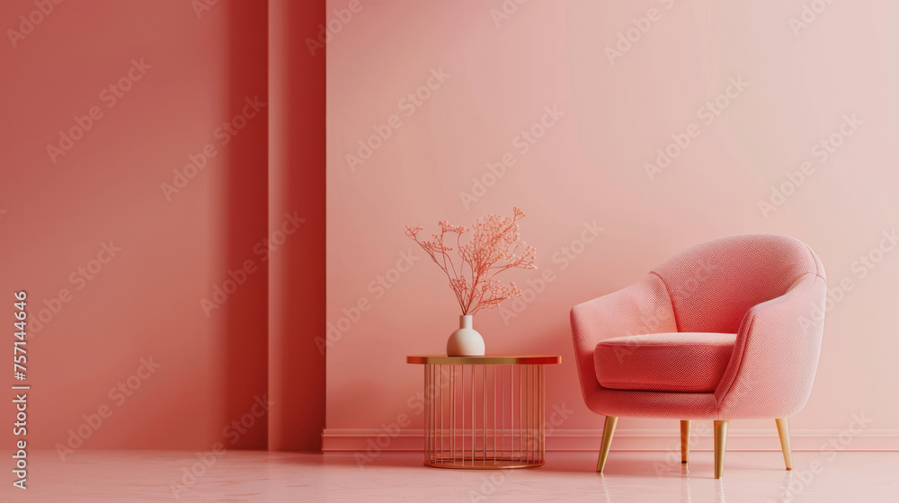 Elegant minimalist living space with coral tones - obrazy, fototapety, plakaty 