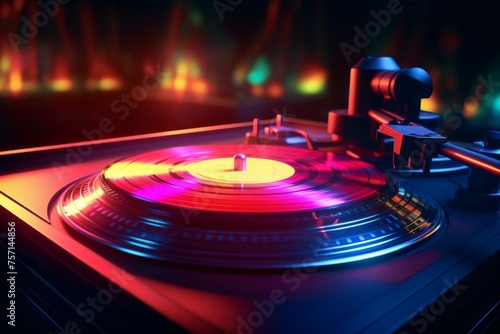 Vintage record player spinning a vinyl record with colorful lights creating a vibrant atmosphere.