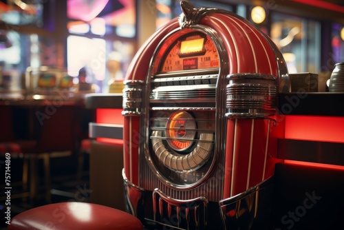Vintage jukebox in a retro diner filled with classic vinyl records.