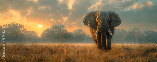 A majestic African elephant stands in the savannah with the warm, golden sunrise creating a misty backdrop.