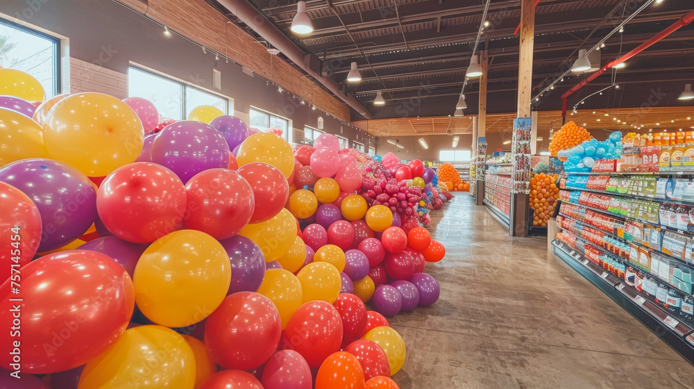 a supermarket completely full from floor to ceiling of colorful balloons