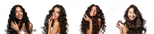 Set of Beauty brunette laughing young woman with long shiny curly hair, Beautiful happy woman model posing wavy hairstyle, Cosmetology, cosmetics and make-up, isolated on white background, png