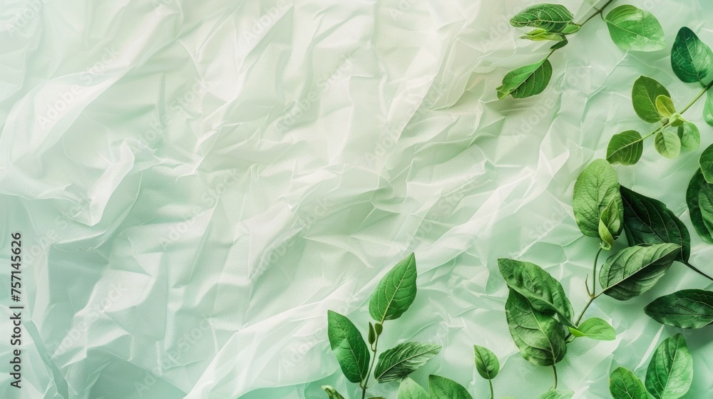 Green leaves on crumpled white fabric. Green leaves on crumpled white fabric.