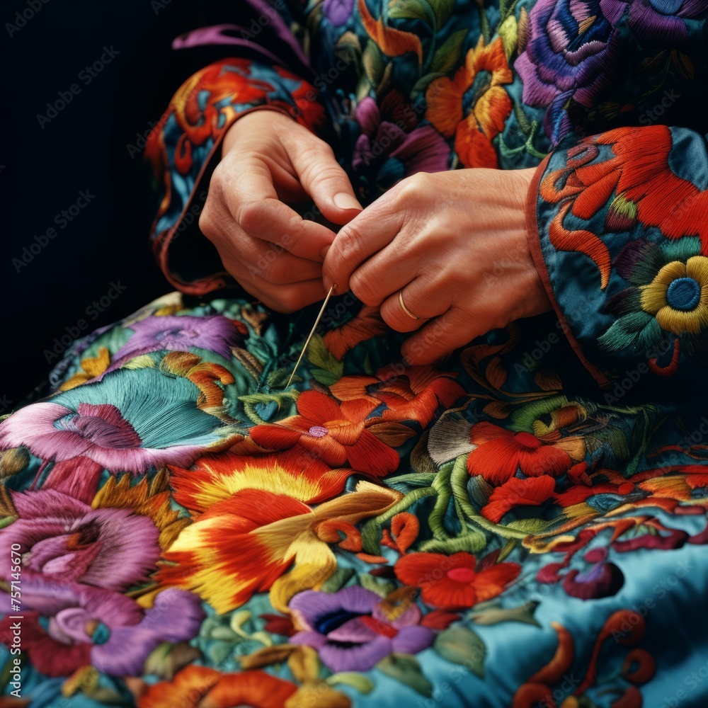 Embroiderer stitching colorful threads onto fabric