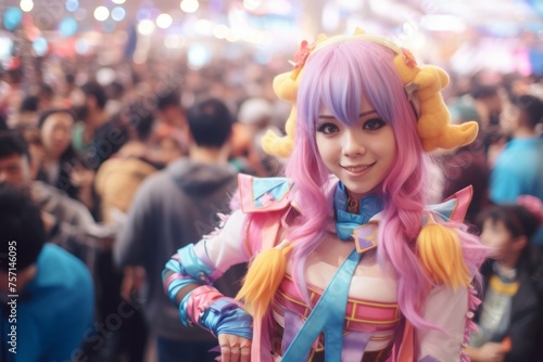 Cosplayer of a popular anime character in a bustling convention hall