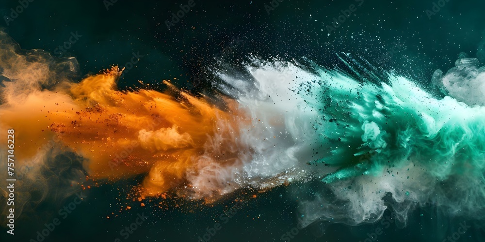 Explosive Burst of Green, White, and Orange Pigments on Black. Concept Colorful Pigments, Abstract Art, Explosive Burst, Green, White, Orange, Black