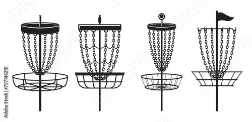 Disc golf basket competition sport game goal with metallic chain and flag icon set isometric vector