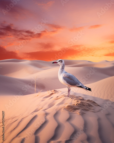 photo Seagull standing on sand dunes on the beach at sunset сreated with Generative Ai