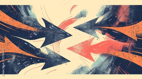 An abstract representation of conflict resolution, depicted bold arrows clashing head-on, symbolizing opposing forces or ideas in a confrontation, with a focus on finding a solution.