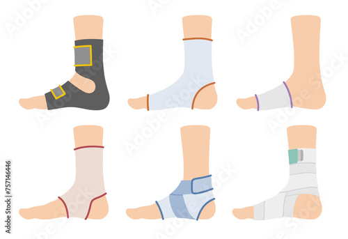 Foot bandage types elastic wrap compression brace ankle and arch support set vector flat