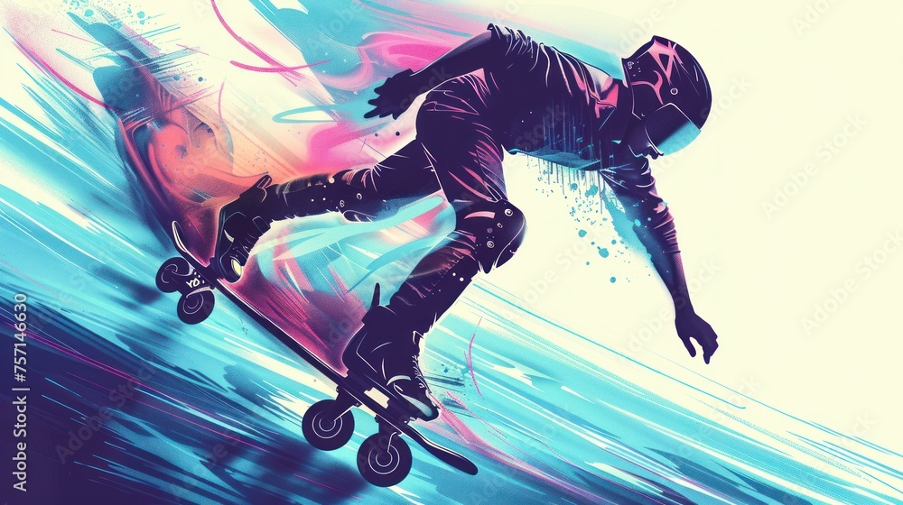 Neon Glide: A Girl on Rollerblades, Wearing Baggy Cargo Pants, Cruises Through a Neon-Lit Roller Rink, Immersed in a Kaleidoscopic Spectrum of Lights and Movement