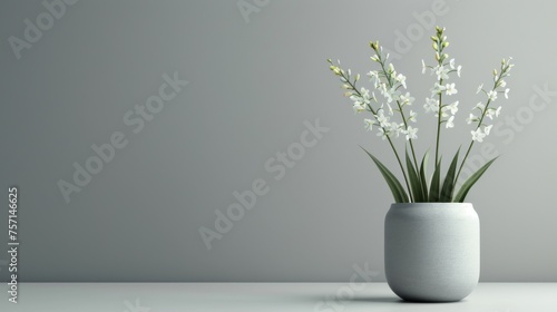 A white vase holds a delicate arrangement of white flowers