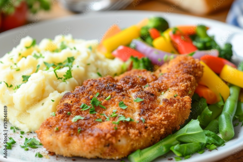 Dinner plate with fried pork chop, mashed potatoes, and vegetables