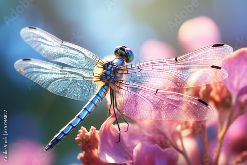 Macro shot of a dragonfly perched on a pink flower petal. © Michael Böhm