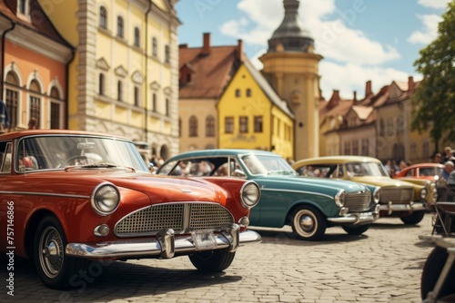 Vintage car show in a historic town square