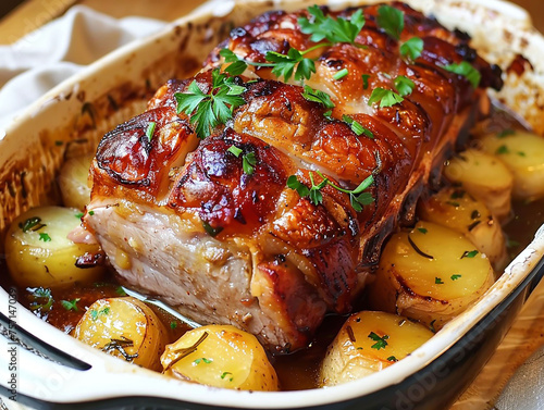 traditional Danish dish roast bacon with sweetened potatoes. photo