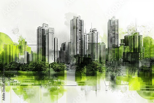 Modern Art Collage: Minimalist City Skyline with Integrated Nature