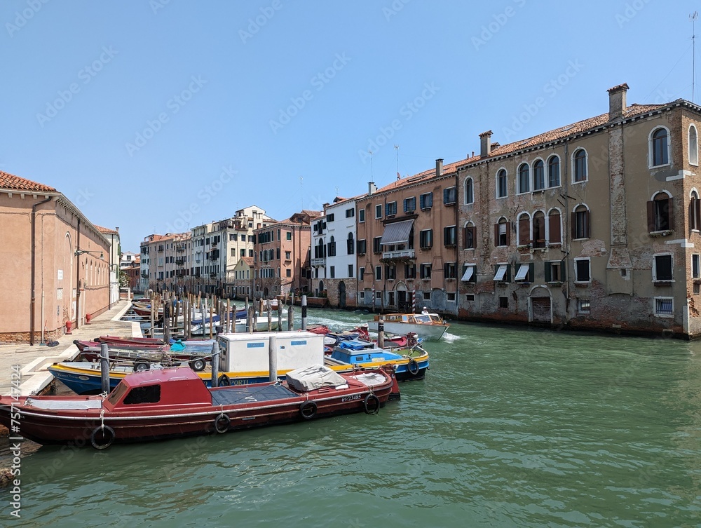 A small boat deck near the Campo Abbazia (Abbey) square, Venice, Italy. Also deserted and untouched by tourist traffic. 