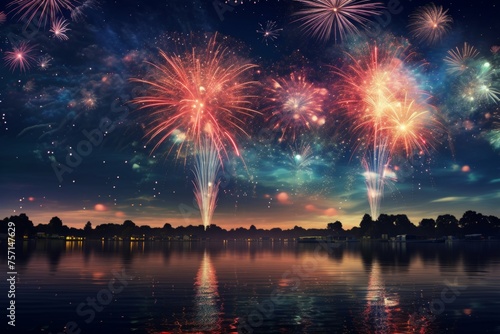 Festive Fourth of July fireworks display over a lake